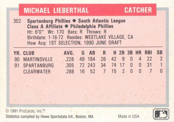 1991-92 ProCards Tomorrow's Heroes #302 Mike Lieberthal Back