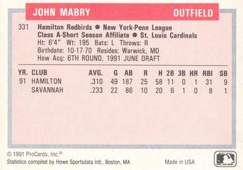 1991-92 ProCards Tomorrow's Heroes #331 John Mabry Back
