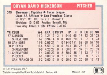1991-92 ProCards Tomorrow's Heroes #349 Bryan Hickerson Back