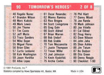 1991-92 ProCards Tomorrow's Heroes #90 Checklist: 1-90 Back