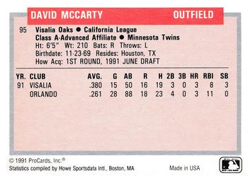 1991-92 ProCards Tomorrow's Heroes #95 David McCarty Back