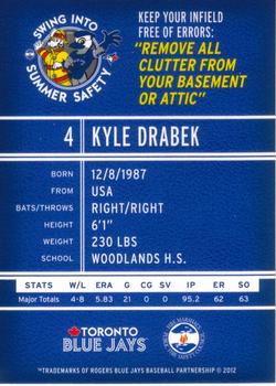 2012 Swing Into Summer Safety Toronto Blue Jays #NNO Kyle Drabek Back