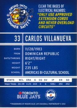 2012 Swing Into Summer Safety Toronto Blue Jays #NNO Carlos Villanueva Back