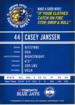 2012 Swing Into Summer Safety Toronto Blue Jays #NNO Casey Janssen Back