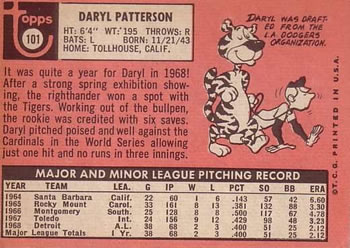 1969 Topps #101 Daryl Patterson Back