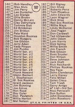 1969 Topps #107 2nd Series Check List: 110-218 (Bob Gibson) Back