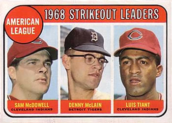 1969 Topps #11 American League 1968 Strikeout Leaders (Sam McDowell / Denny McLain / Luis Tiant) Front
