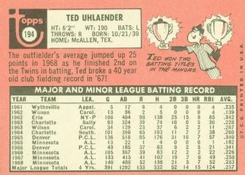 1969 Topps #194 Ted Uhlaender Back