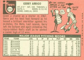 1969 Topps #213 Gerry Arrigo Back