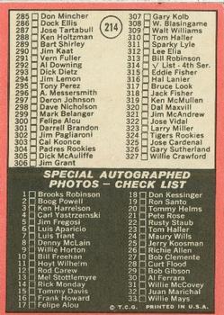 1969 Topps #214 3rd Series Check List: 219-327 / Special Autographed Photos Check List Back