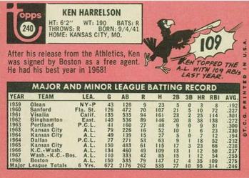 1969 Topps #240 Ken Harrelson Back