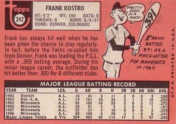 1969 Topps #242 Frank Kostro Back