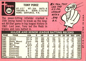 1969 Topps #295 Tony Perez Back