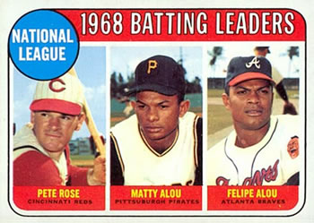 1969 Topps #2 National League 1968 Batting Leaders (Pete Rose / Matty Alou / Felipe Alou) Front