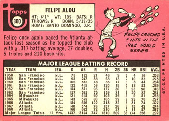 1969 Topps #300 Felipe Alou Back