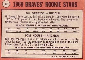 1969 Topps #331 Braves 1969 Rookie Stars (Gil Garrido / Tom House) Back