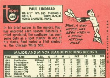 1969 Topps #449 Paul Lindblad Back