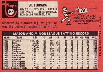 1969 Topps #452 Al Ferrara Back
