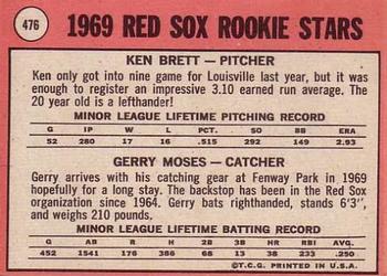 1969 Topps #476 Red Sox 1969 Rookie Stars (Ken Brett / Gerry Moses) Back