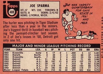 1969 Topps #488 Joe Sparma Back