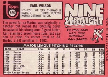 1969 Topps #525 Earl Wilson Back
