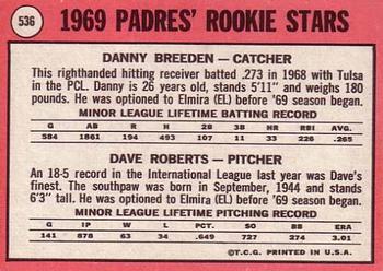 1969 Topps #536 Padres 1969 Rookie Stars (Danny Breeden / Dave Roberts) Back
