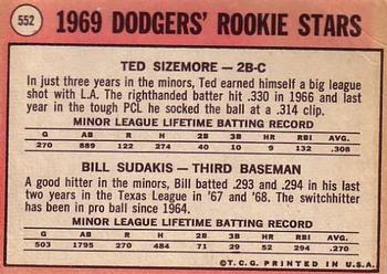 1969 Topps #552 Dodgers 1969 Rookie Stars (Ted Sizemore / Bill Sudakis) Back