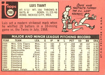 1969 Topps #560 Luis Tiant Back