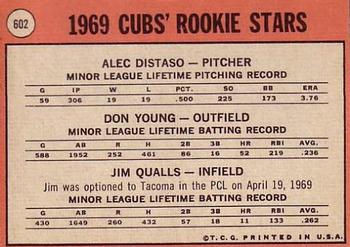 1969 Topps #602 Cubs 1969 Rookie Stars (Alec Distaso / Don Young / Jim Qualls) Back