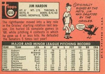 1969 Topps #610 Jim Hardin Back