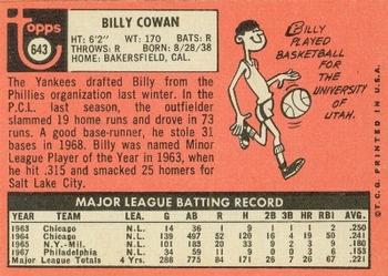1969 Topps #643 Billy Cowan Back