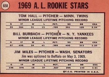 1969 Topps #658 American League 1969 Rookie Stars (Tom Hall / Bill Burbach / Jim Miles) Back