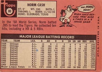 1969 Topps #80 Norm Cash Back