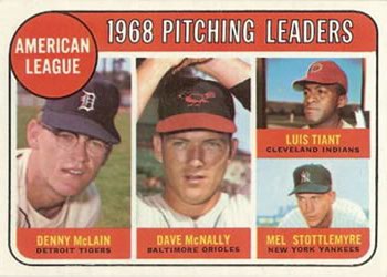 1969 Topps #9 American League 1968 Pitching Leaders (Denny McLain / Dave McNally / Luis Tiant / Mel Stottlemyre) Front