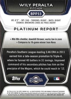 2012 Bowman Platinum - Prospects Blue Refractors #BPP33 Wily Peralta Back