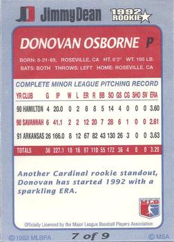 1992 Jimmy Dean Rookie Stars #7 Donovan Osborne Back