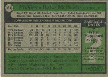 1979 Topps Burger King Philadelphia Phillies #21 Bake McBride Back