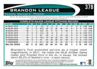 2012 Topps Mini #378 Brandon League Back