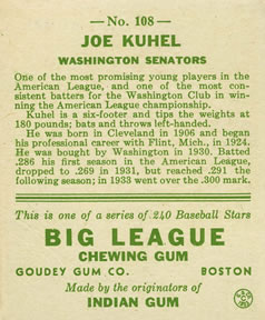 1933 Goudey (R319) #108 Joe Kuhel Back