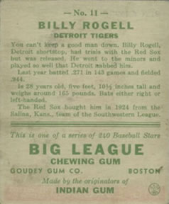 1933 Goudey (R319) #11 Billy Rogell Back