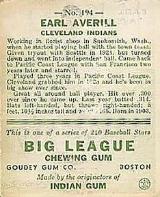 1933 Goudey (R319) #194 Earl Averill Back