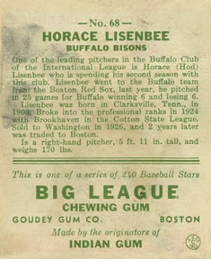 1933 Goudey (R319) #68 Hod Lisenbee Back