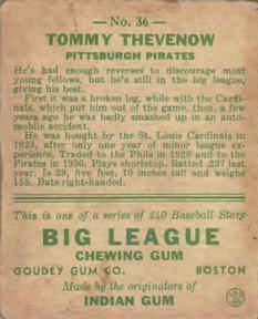 1933 Goudey (R319) #36 Tommy Thevenow Back