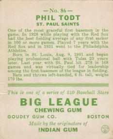 1933 Goudey (R319) #86 Phil Todt Back