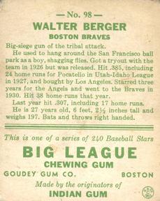 1933 Goudey (R319) #98 Wally Berger Back