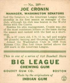 1933 Goudey (R319) #109 Joe Cronin Back