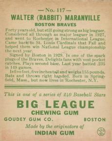 1933 Goudey (R319) #117 Rabbit Maranville Back