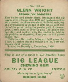 1933 Goudey (R319) #143 Glenn Wright Back