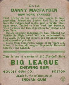 1933 Goudey (R319) #156 Danny MacFayden Back