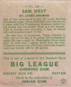 1933 Goudey (R319) #166 Sam West Back